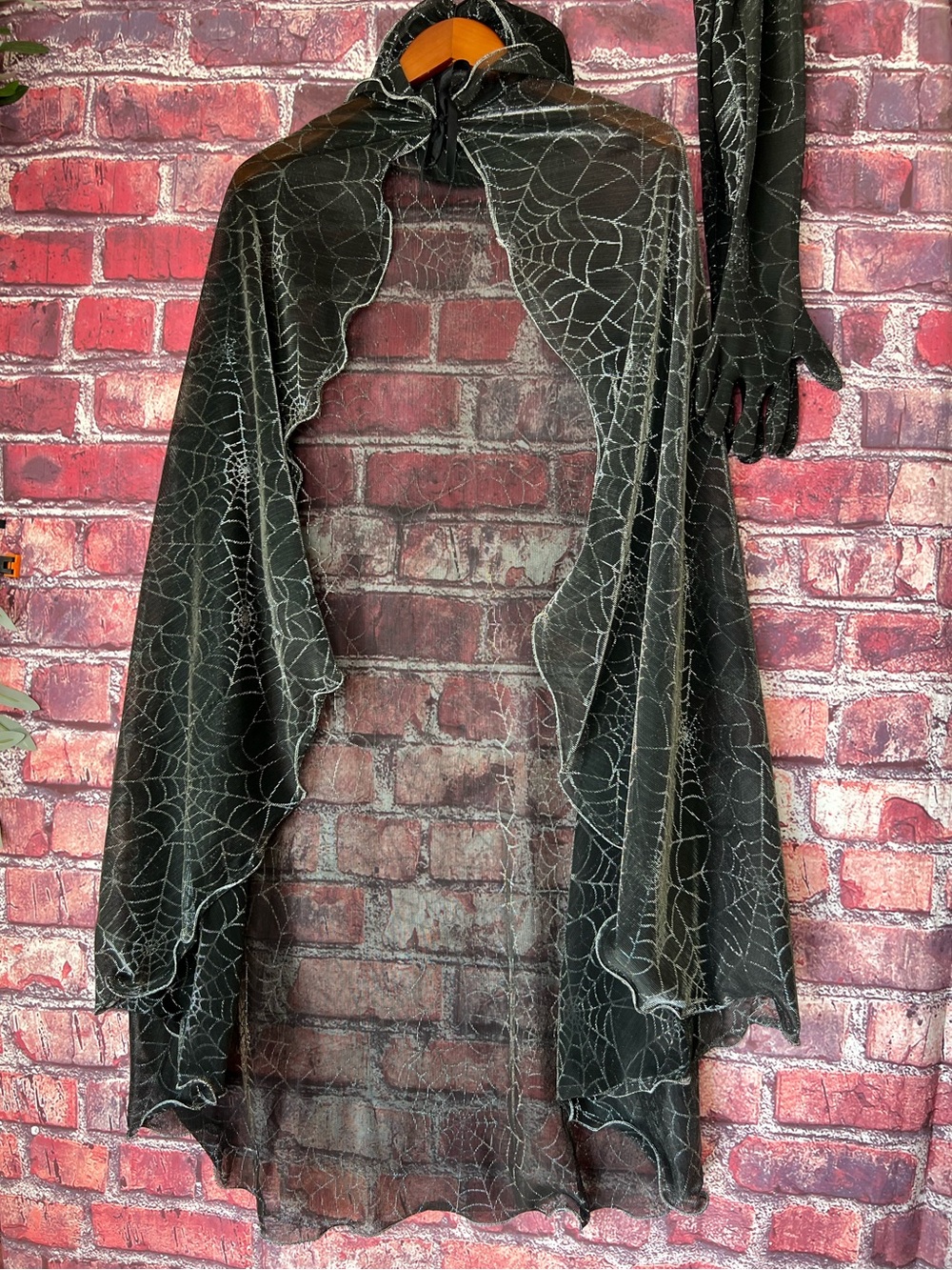 Halloween Black Shimmer Sheer Spiderweb Hooded Cape & Gloves Set